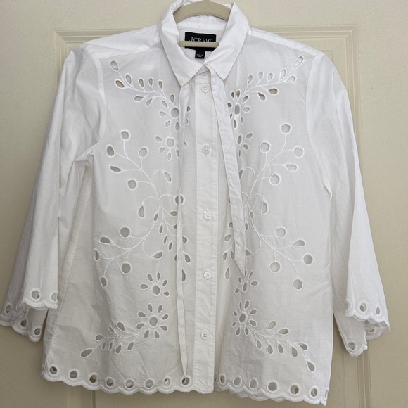 J Crew Collection button-up bow top in cotton poplin eyelet in white Size S NWT - Picture 2 of 8